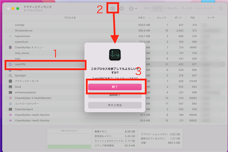 アクティビティモニタでメモリを解放